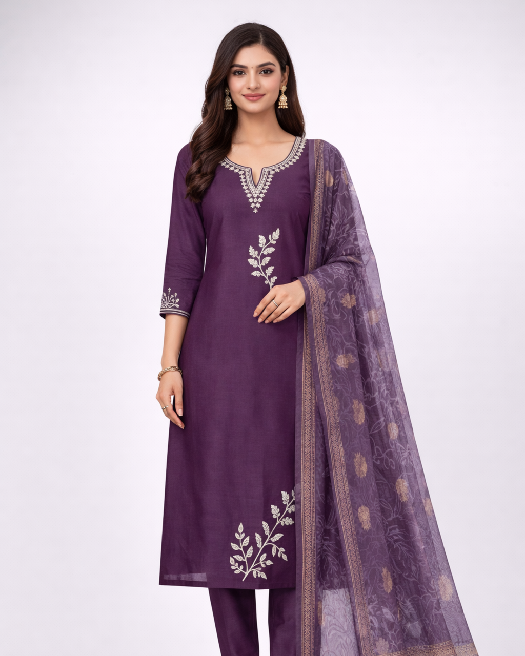 Elegant Purple Chiffon Embroidered Three-Piece Suit Set for Women