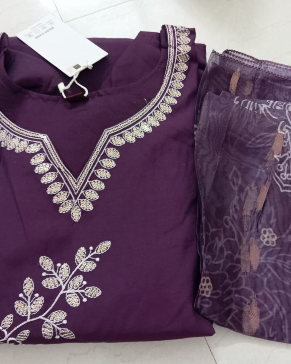 Elegant Purple Chiffon Embroidered Three-Piece Suit Set for Women