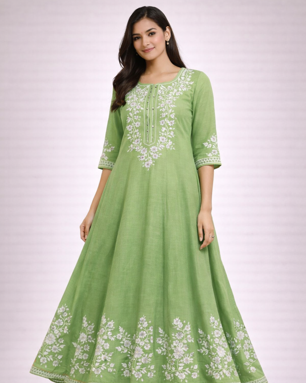 Mint Green Floral Embroidered Cotton Three-Piece Suit Set for Women