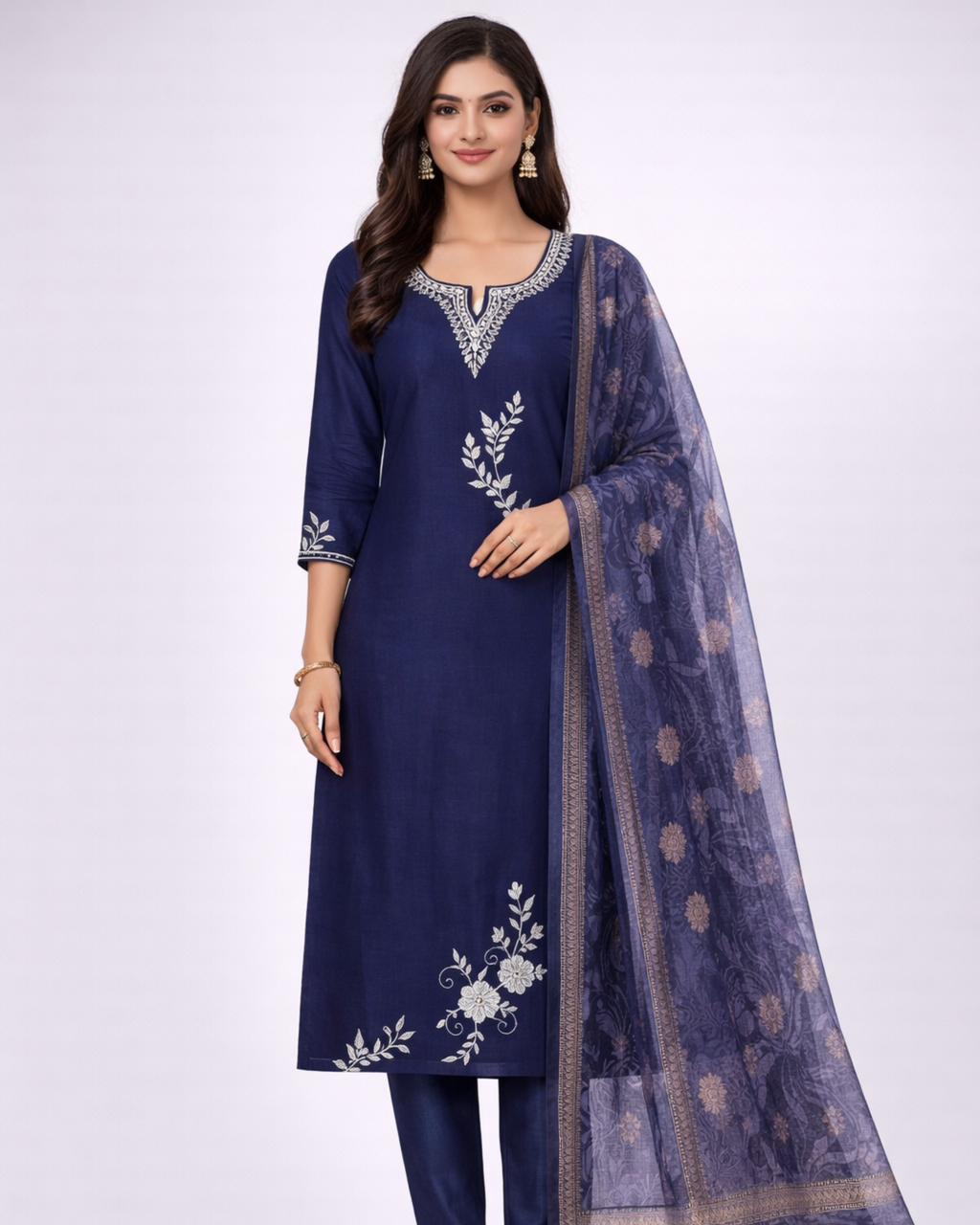Royal Navy Blue Chiffon Embroidered Three-Piece Suit Set for Women
