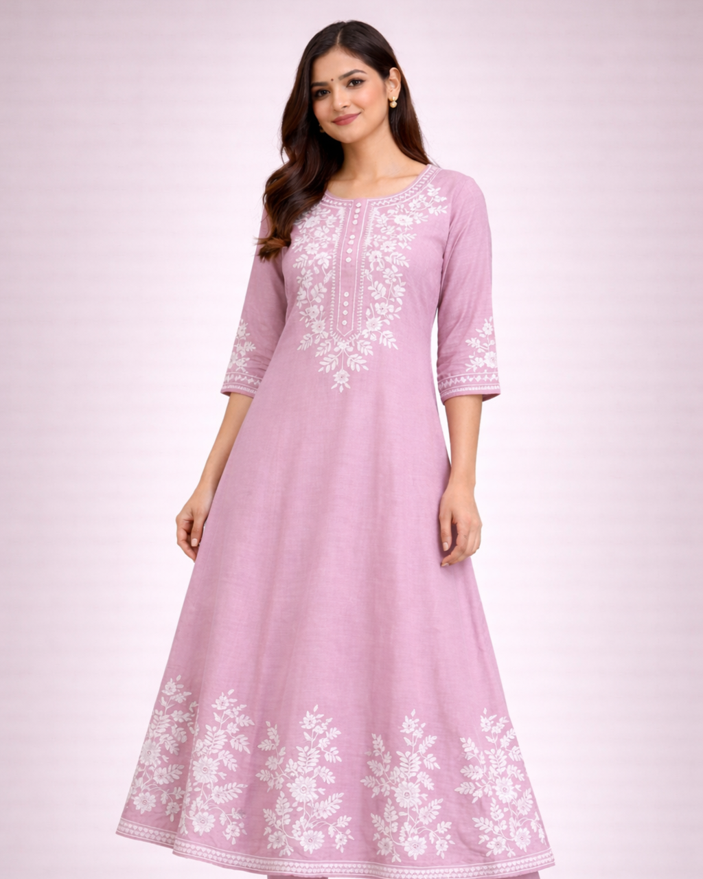 Blush Pink Floral Embroidered Cotton Three-Piece Suit Set for Women