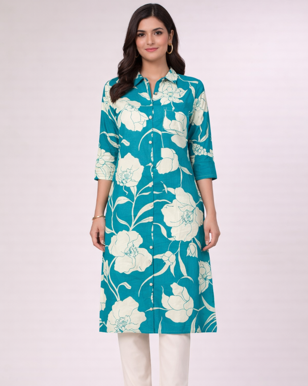 Zoora Teal Blue Floral Printed Top for Women