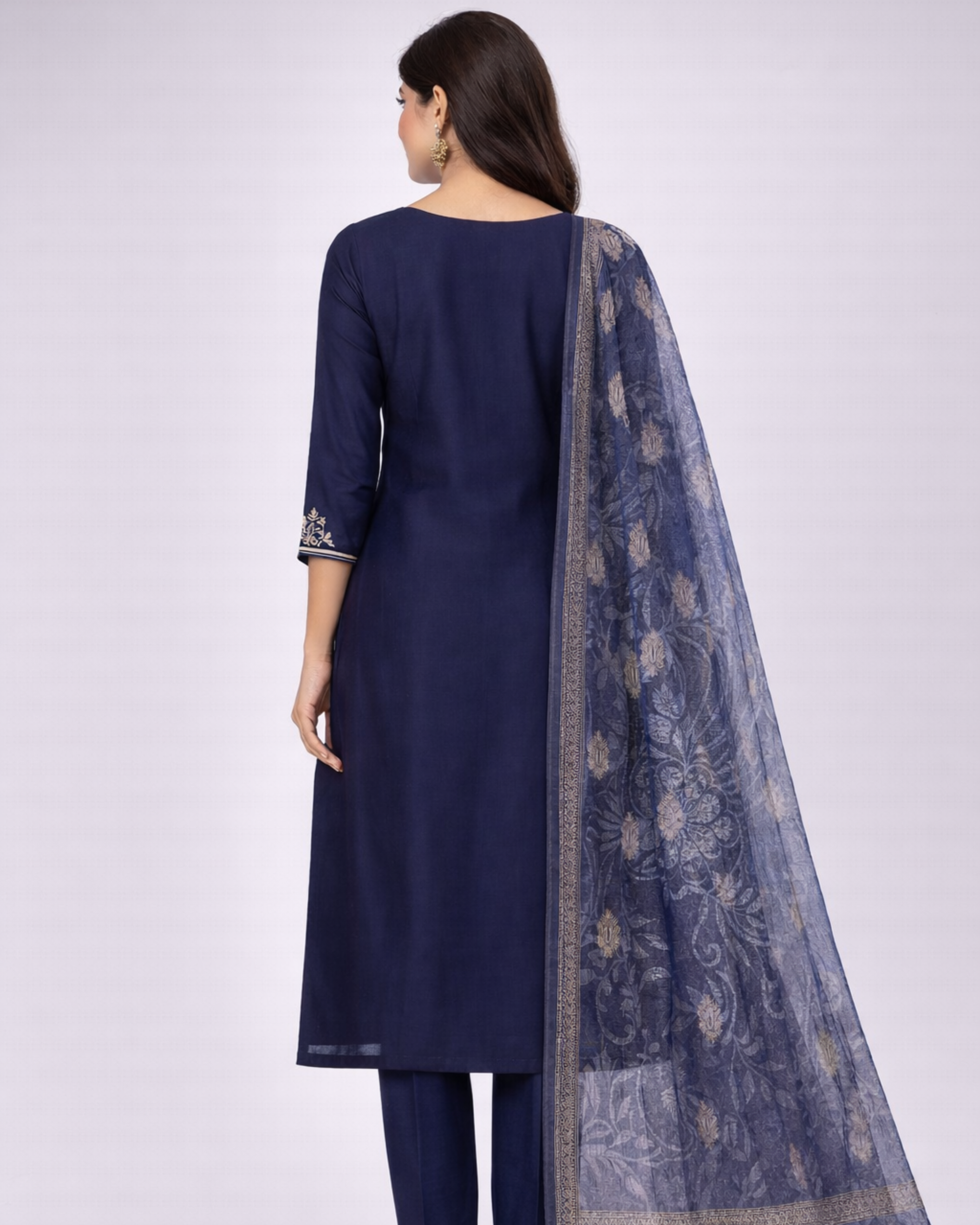 Royal Navy Blue Chiffon Embroidered Three-Piece Suit Set for Women