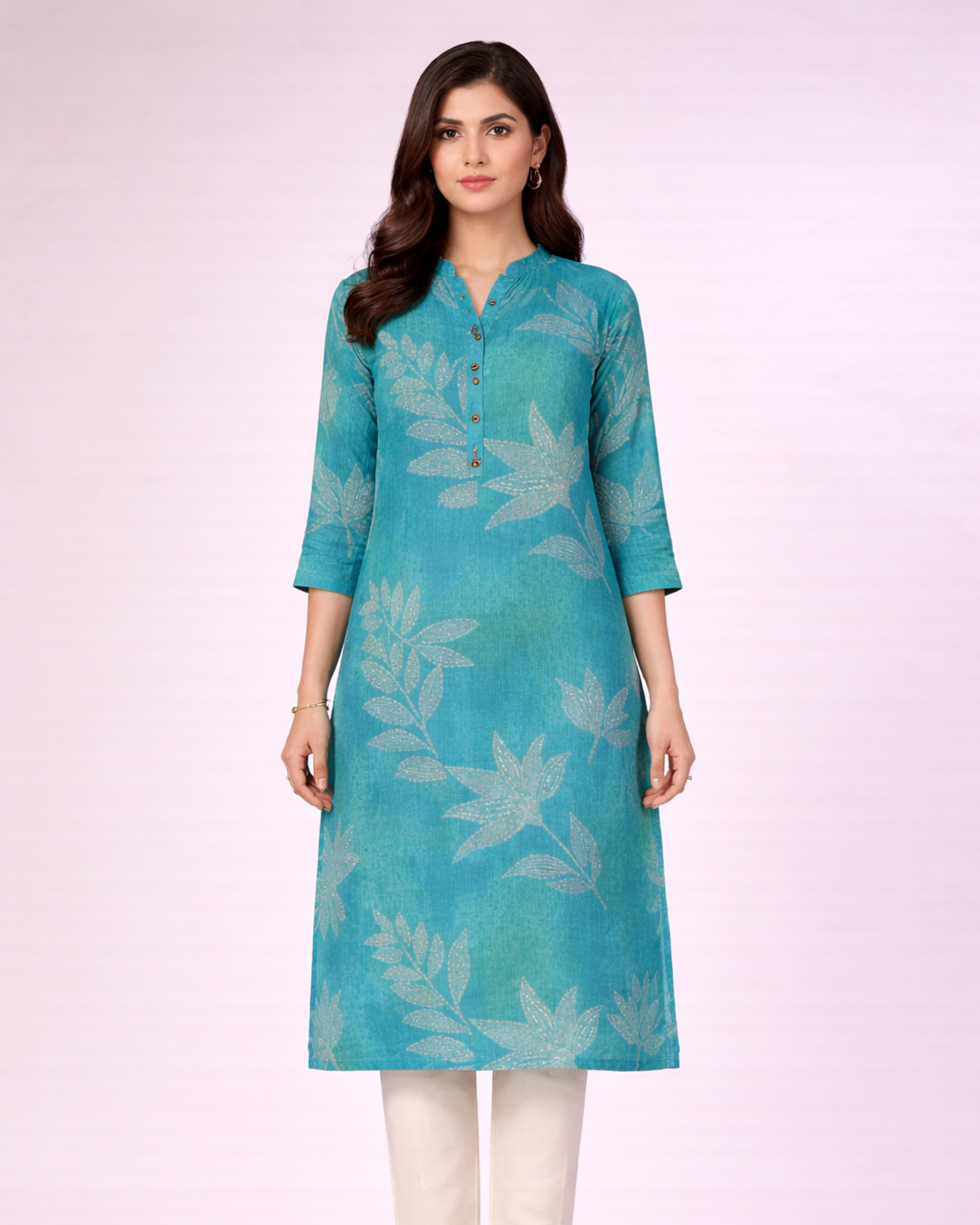 Aqua Blue Leaf Printed Georgette Top for Women