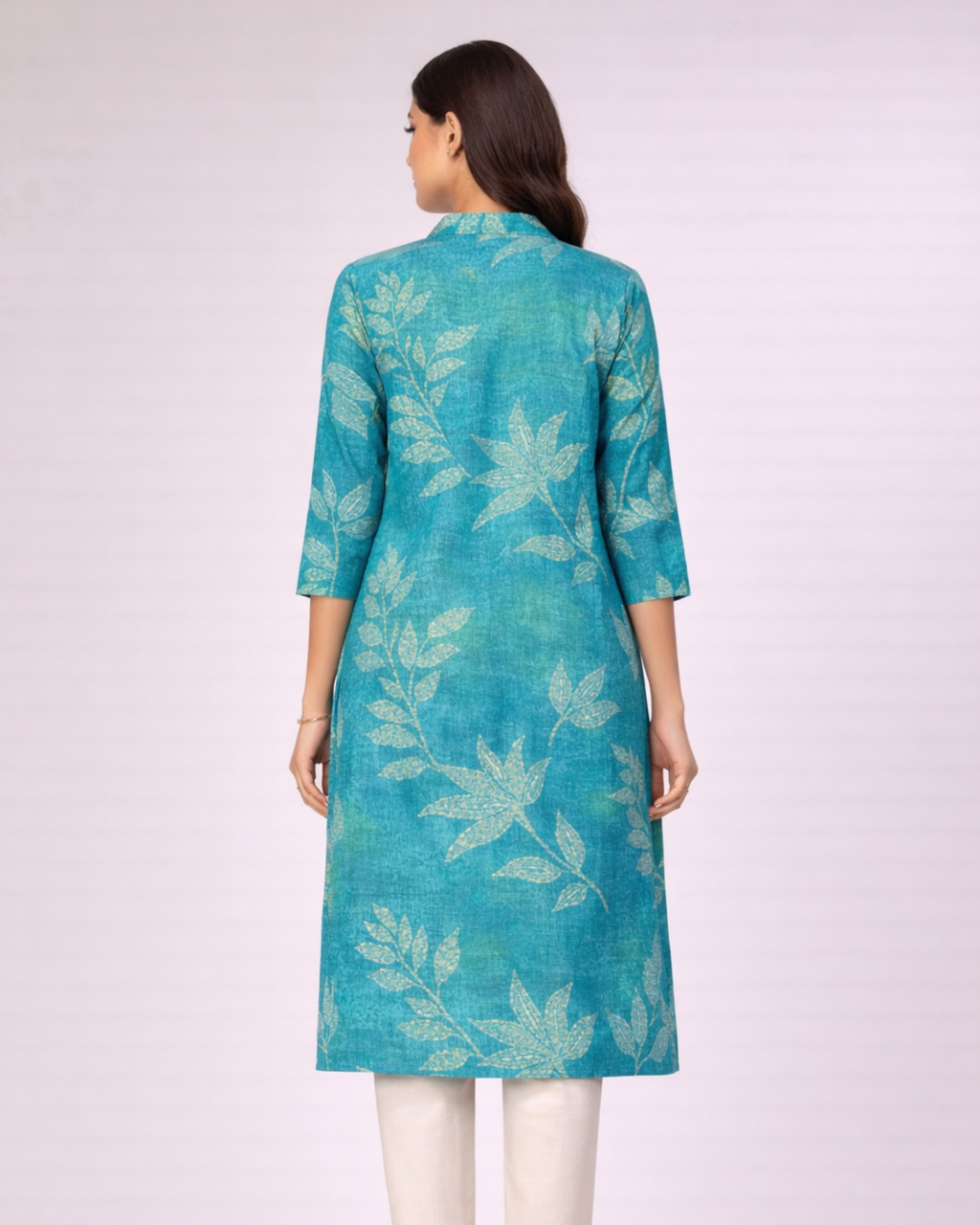 Aqua Blue Leaf Printed Georgette Top for Women