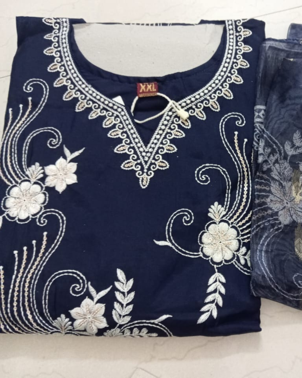 Royal Navy Blue Chiffon Embroidered Three-Piece Suit Set for Women