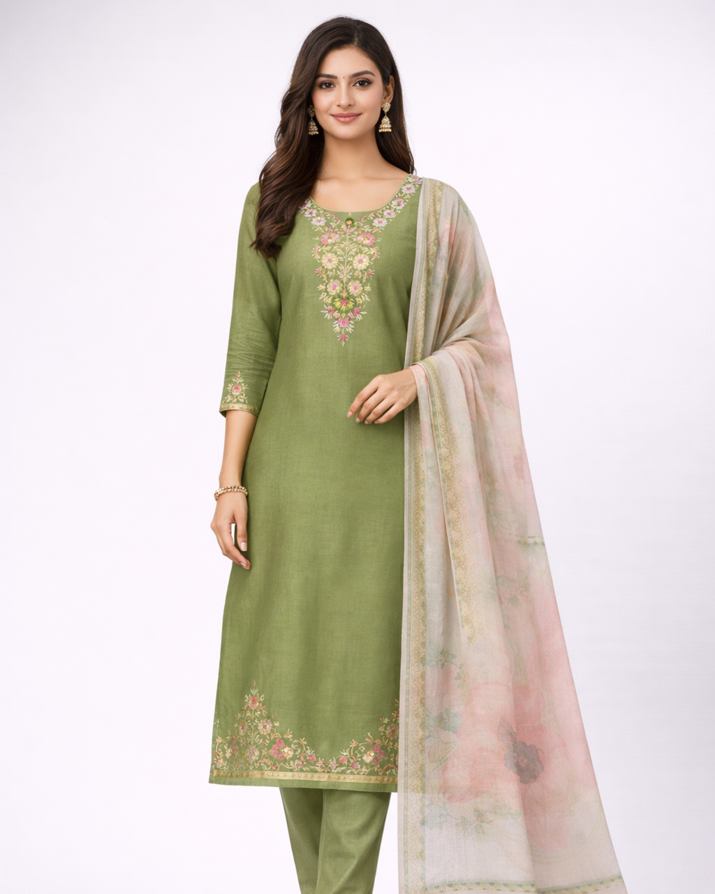 Olive Green Handcrafted Thread Work Three-Piece Suit Set for Women
