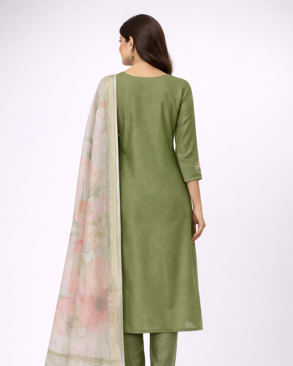 Olive Green Handcrafted Thread Work Three-Piece Suit Set for Women