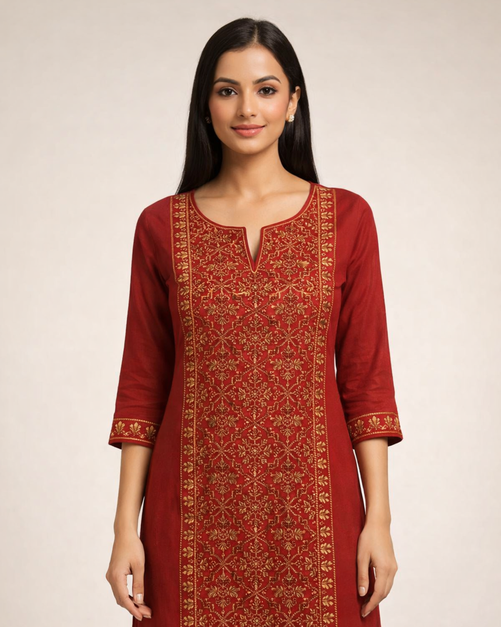 Elegant Maroon & Gold Printed Ethnic Kurti for Women
