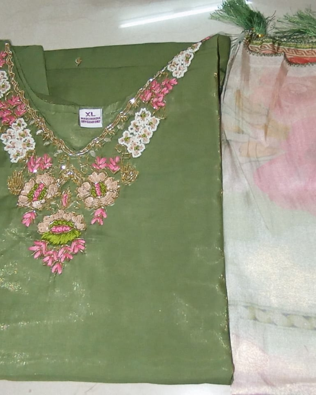 Olive Green Handcrafted Thread Work Three-Piece Suit Set for Women