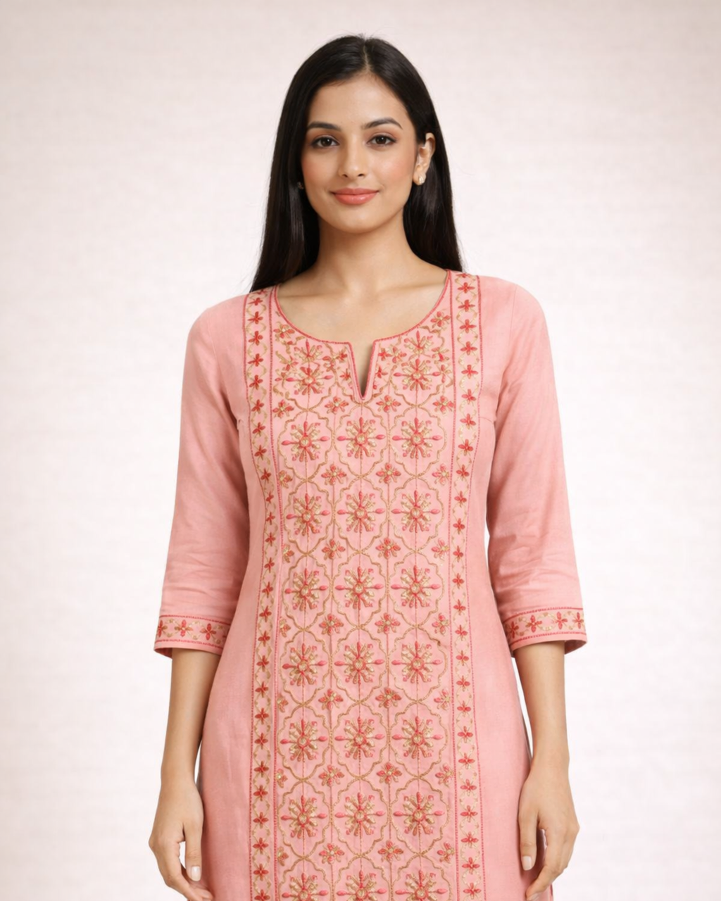 Blush Pink Floral Embroidered Kurti for Women