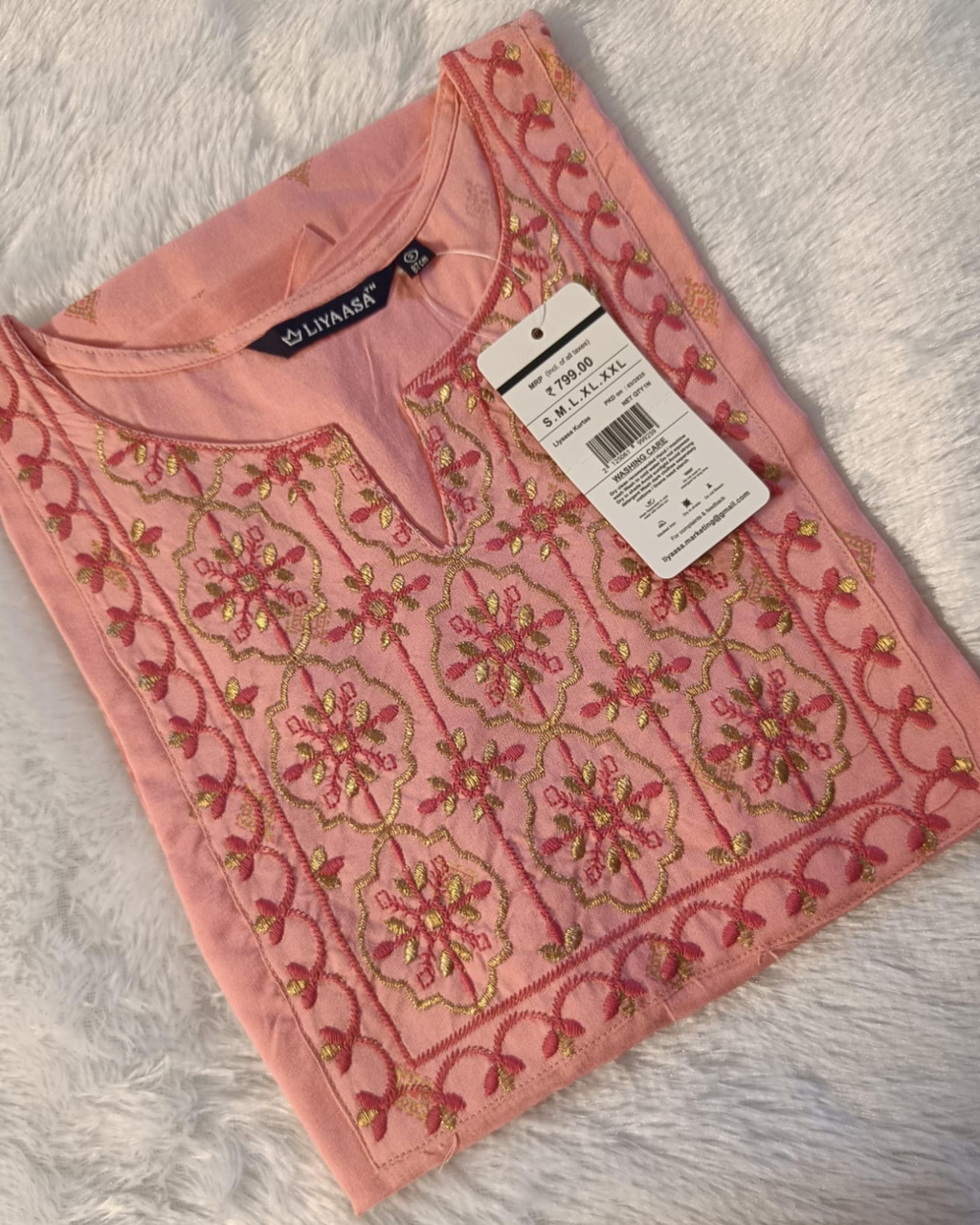 Blush Pink Floral Embroidered Kurti for Women