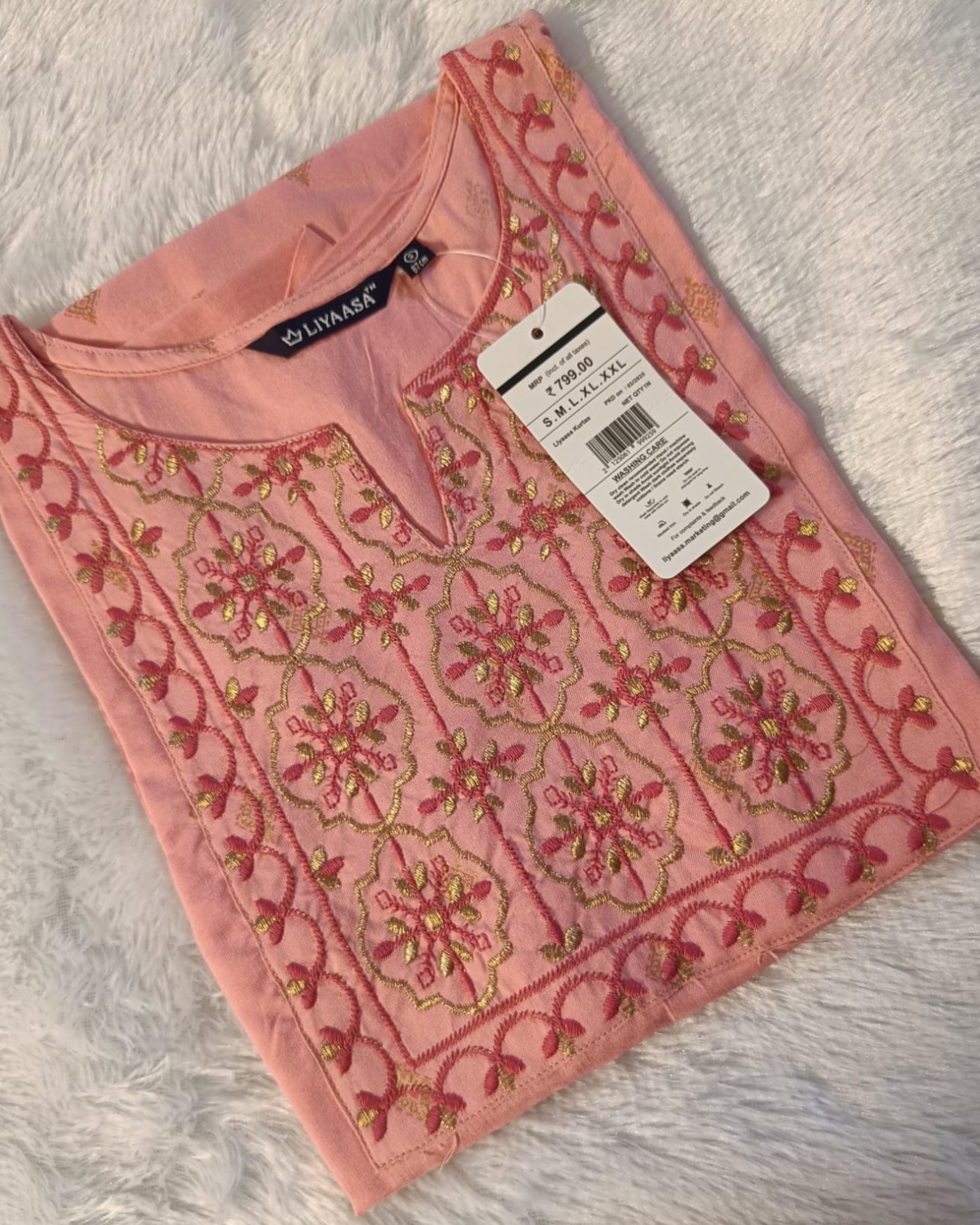 Blush Pink Floral Embroidered Kurti for Women