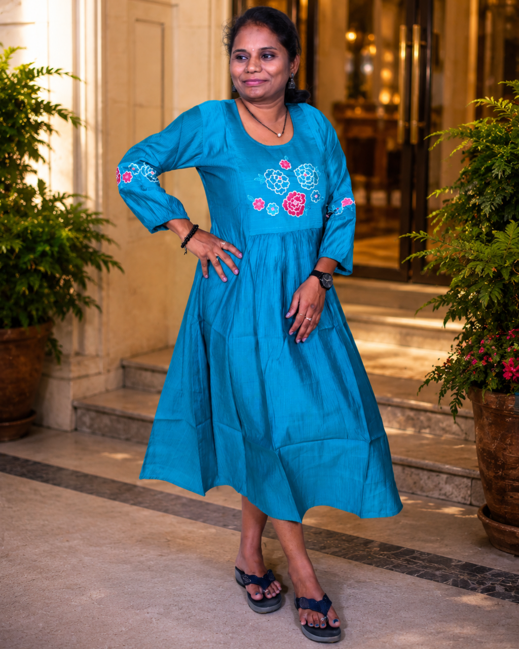 Vibrant Blue Floral Embroidered Cotton Dress
