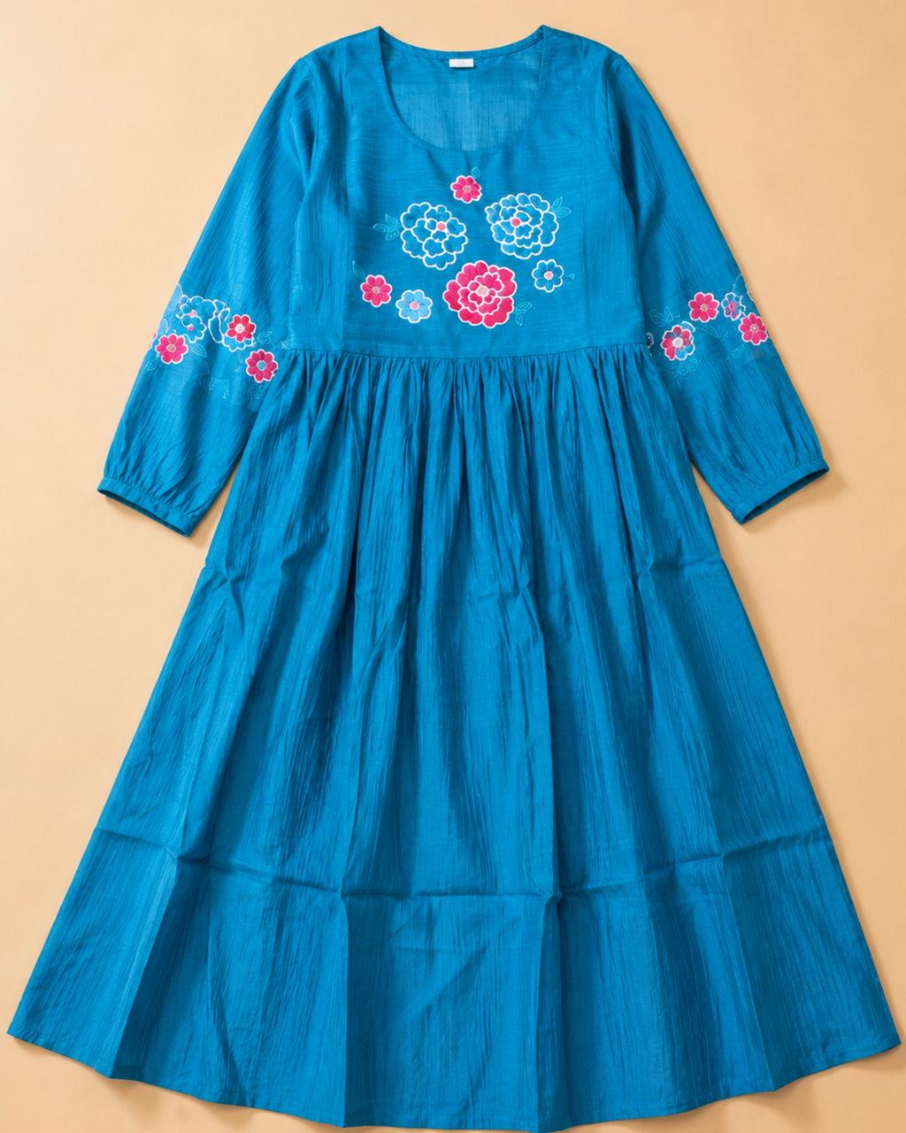 Vibrant Blue Floral Embroidered Cotton Dress