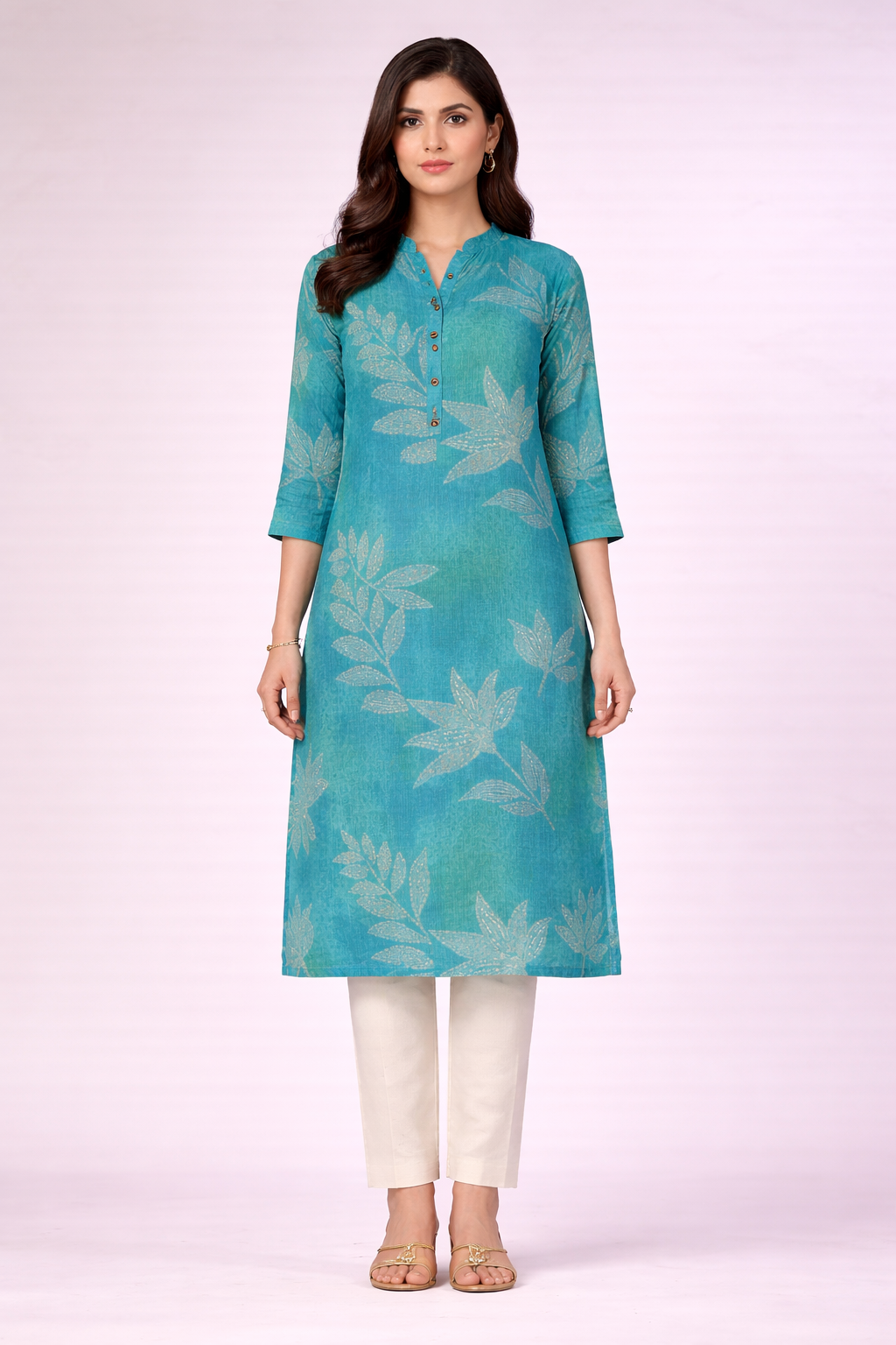 Premium Teal Printed Straight Kurti