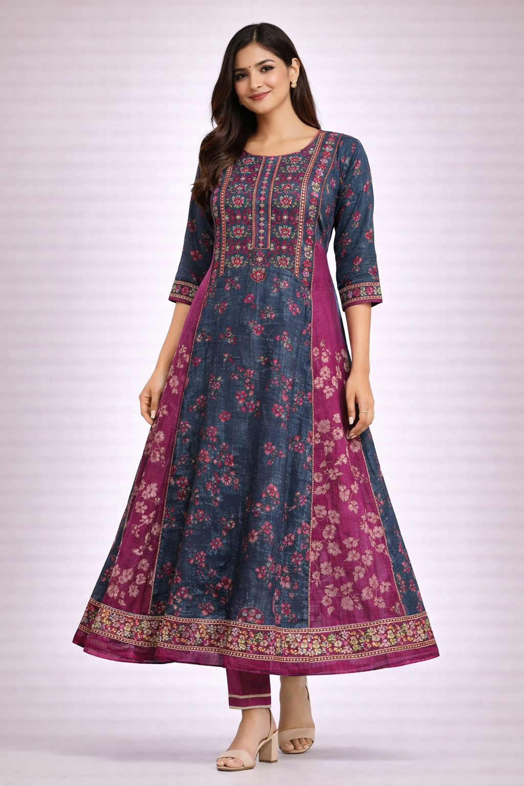 Blue & Magenta Printed Anarkali Kurti