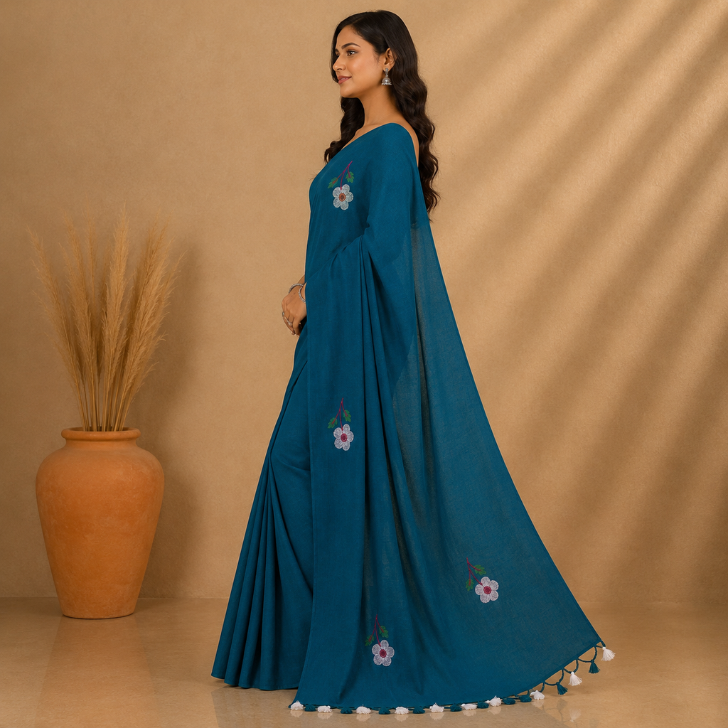 Teal Blue Flower Design Khadi Cotton Saree