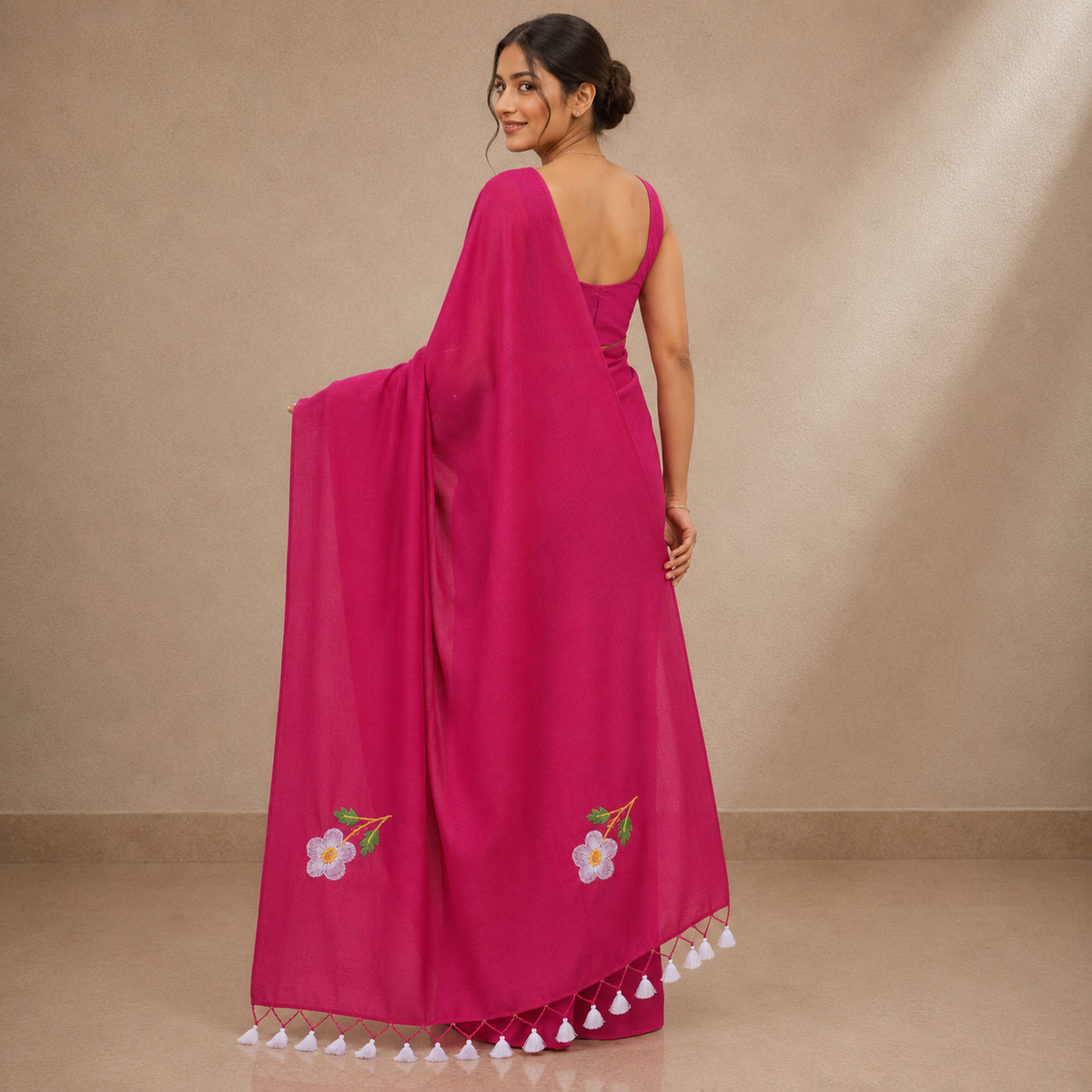 Rani Pink Flower Design Khadi Cotton Saree