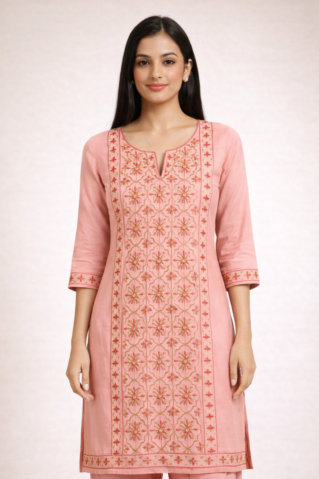 Floral peach Embroidered Cotton Kurti