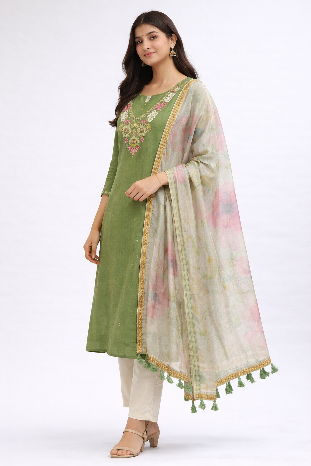 Olive Green Floral Embroidered Kurti Set