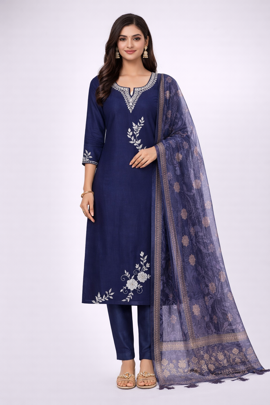 Stylish Navy Blue Kurti Set with Dupatta