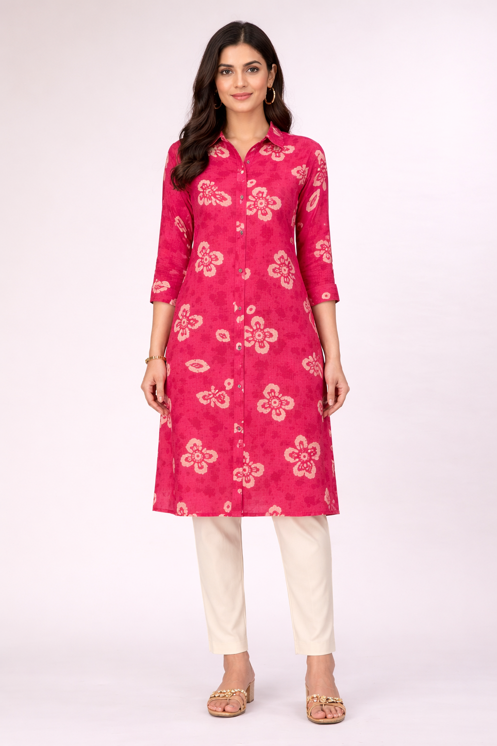 Stylish Pink Printed Shirt Style Kurti