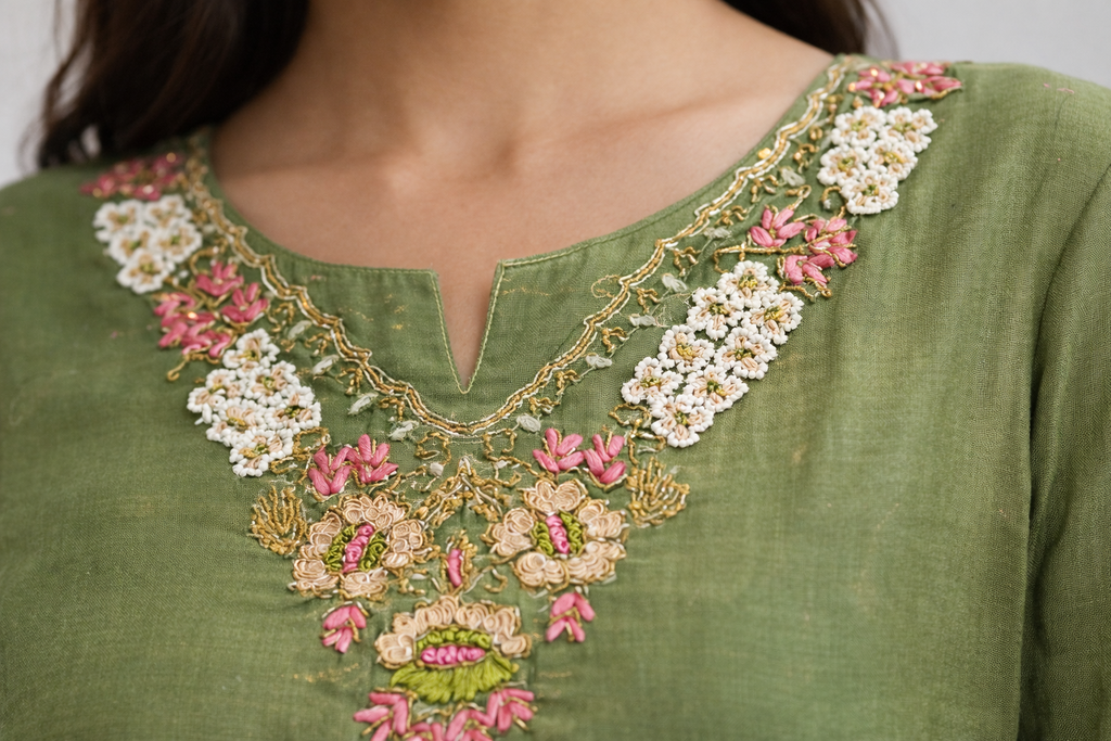 Olive Green Floral Embroidered Kurti Set