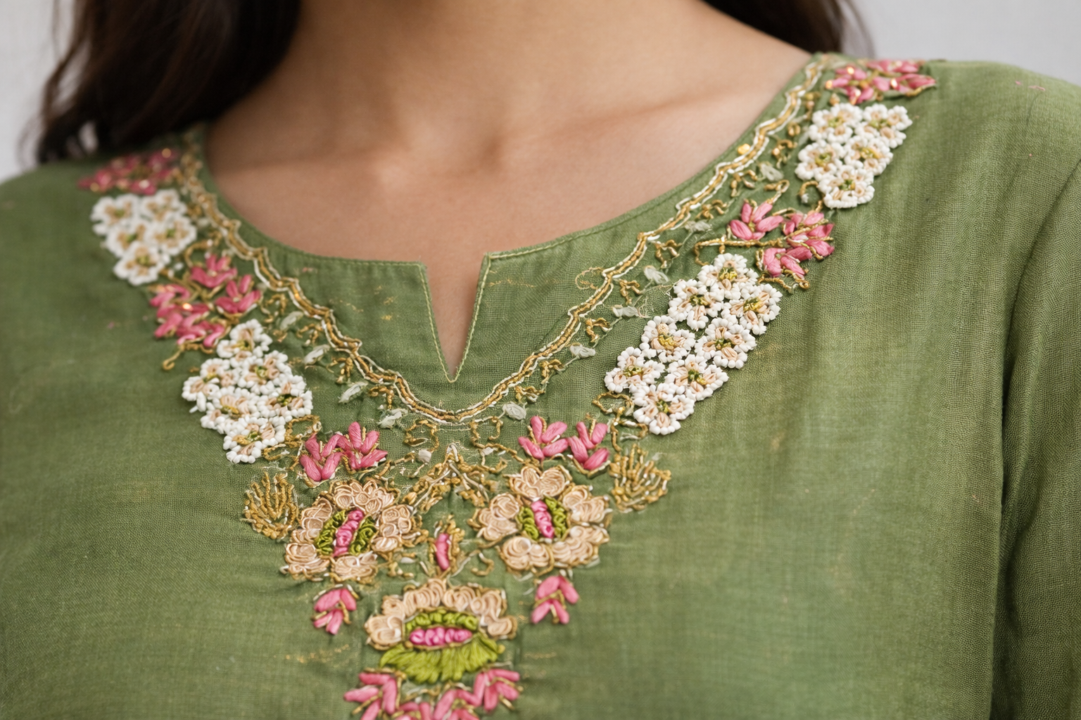 Olive Green Floral Embroidered Kurti Set