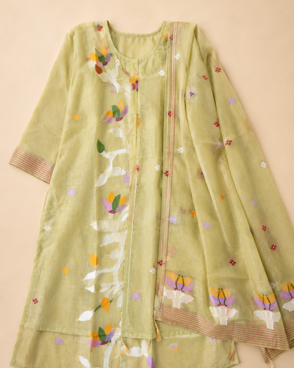 Olive sheer Blossom Embroidered Dress Set with Organza Dupatta