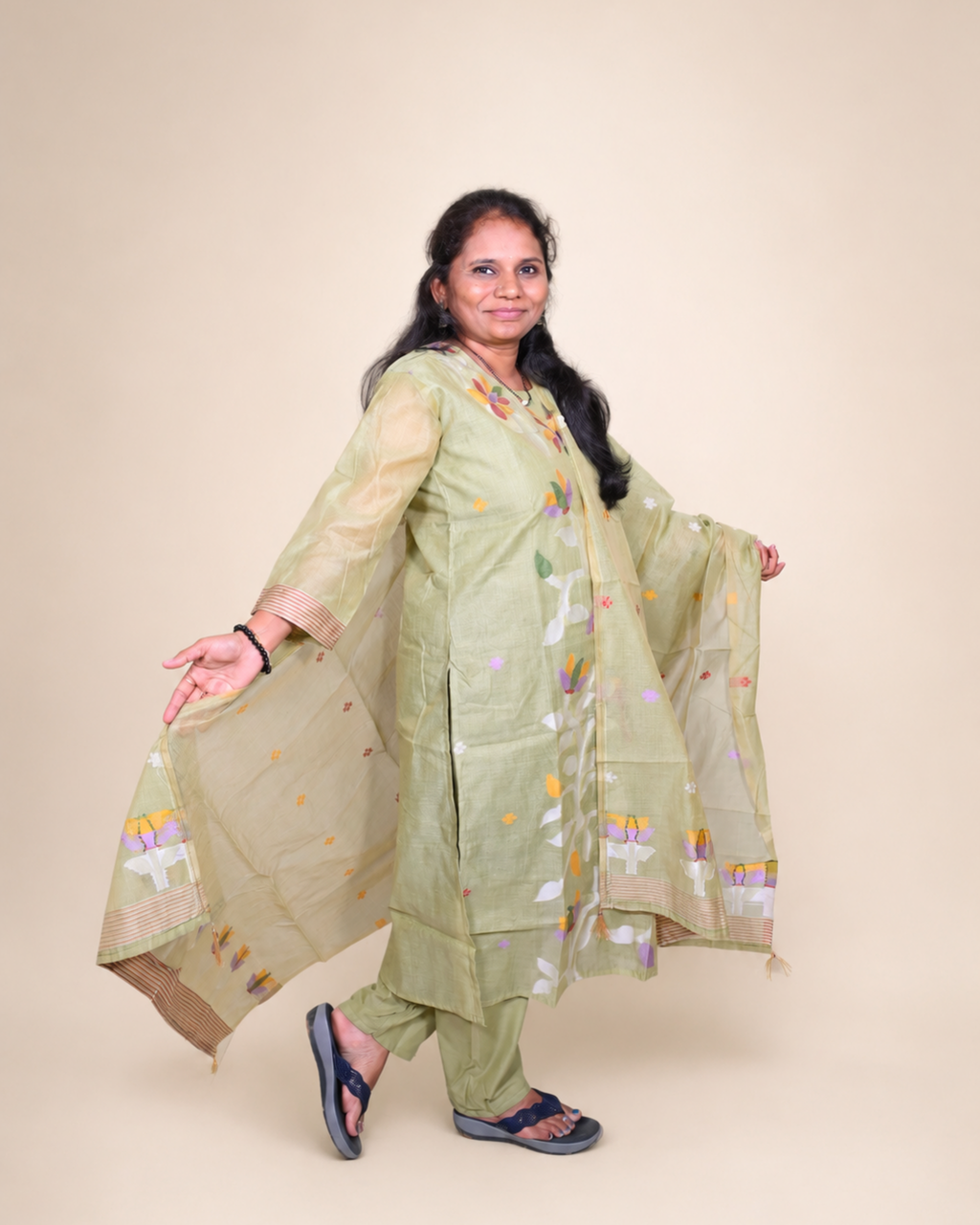 Olive sheer Blossom Embroidered Dress Set with Organza Dupatta