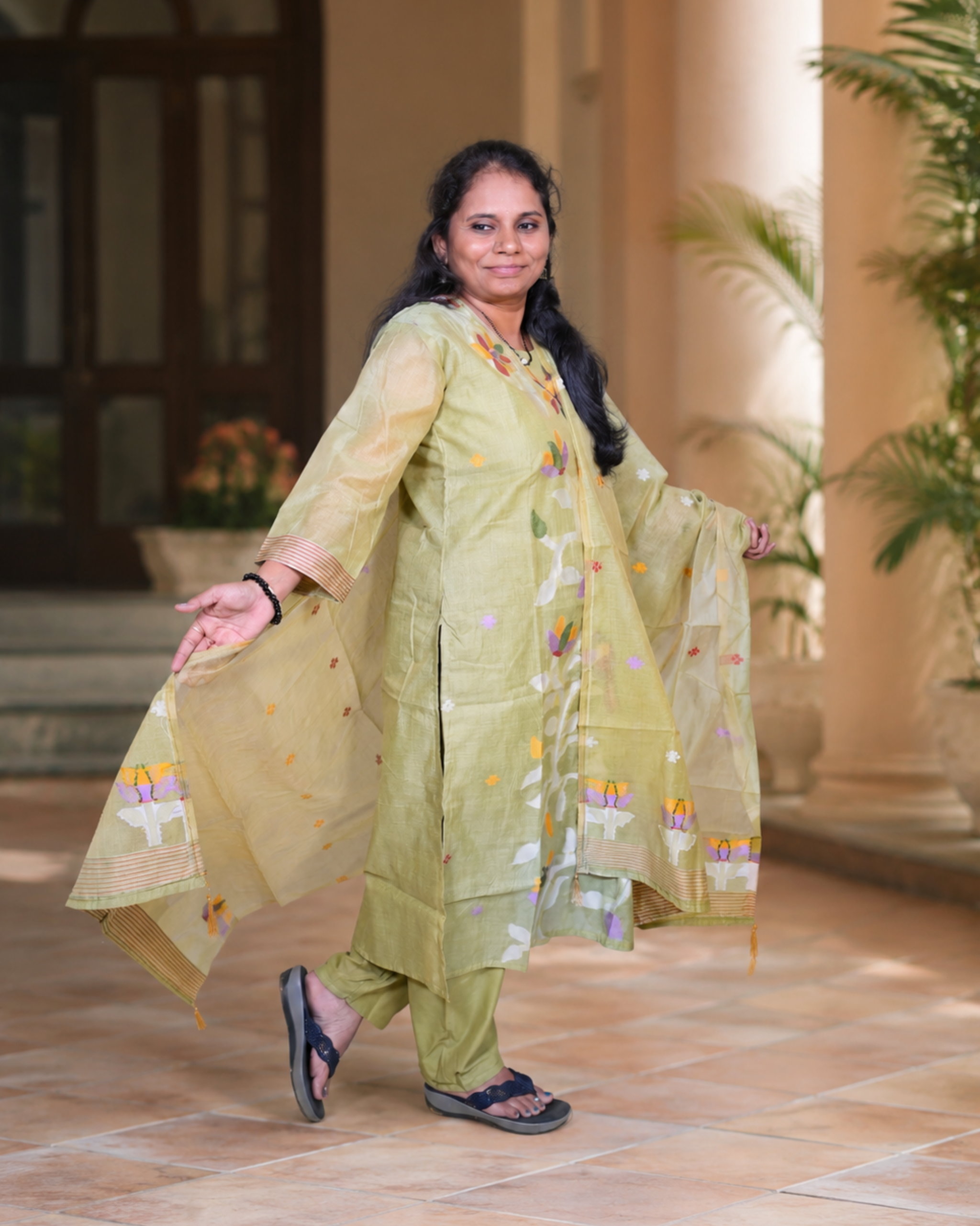Olive sheer Blossom Embroidered Dress Set with Organza Dupatta
