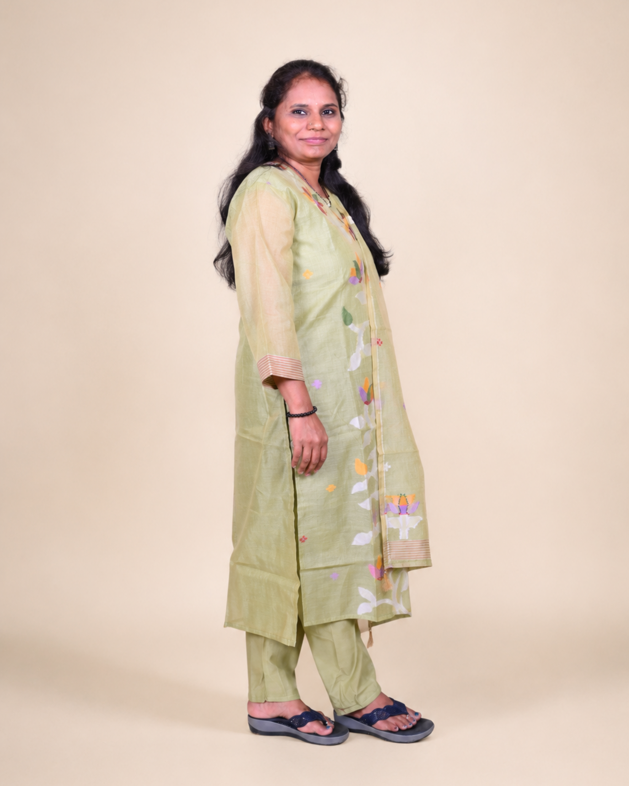 Olive sheer Blossom Embroidered Dress Set with Organza Dupatta