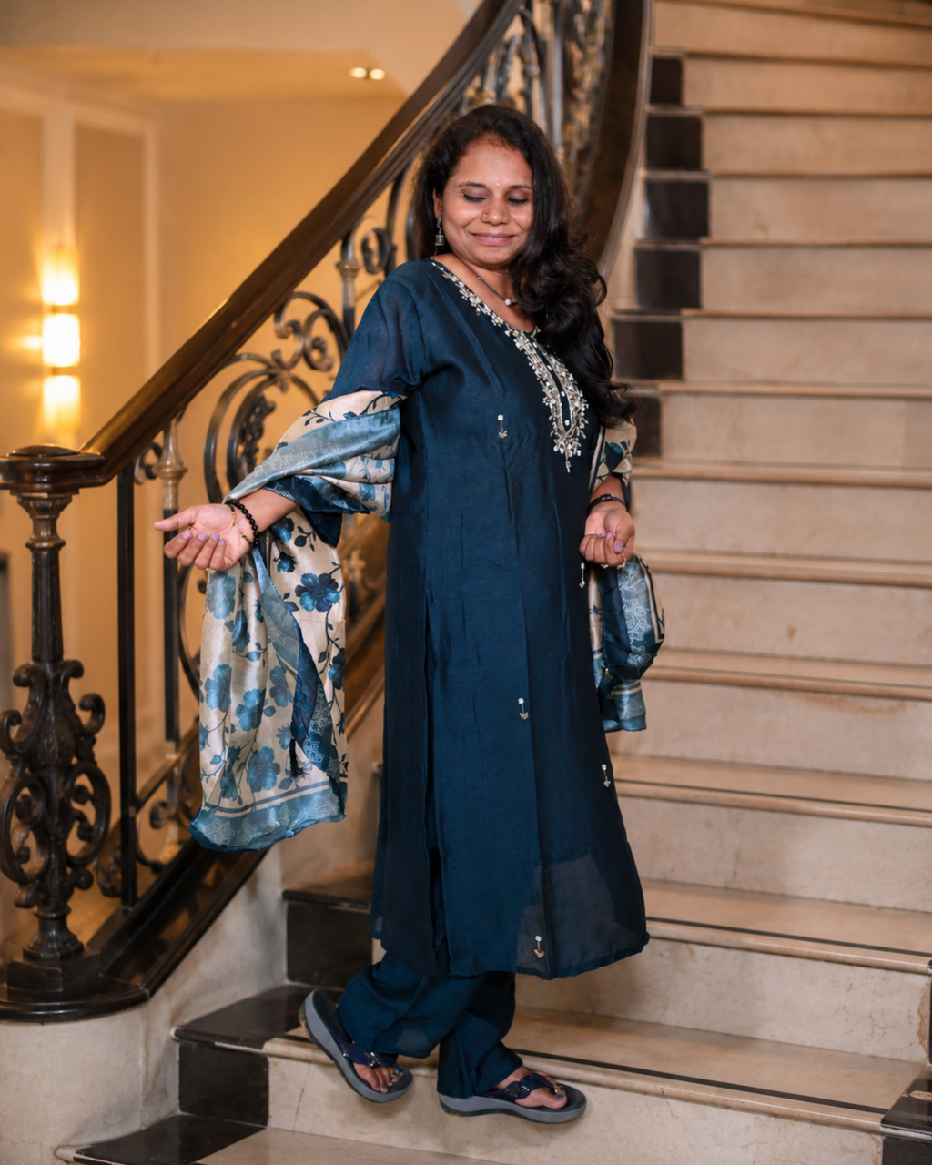 Midnight Bloom Embroidered Georgette Maxi Dress