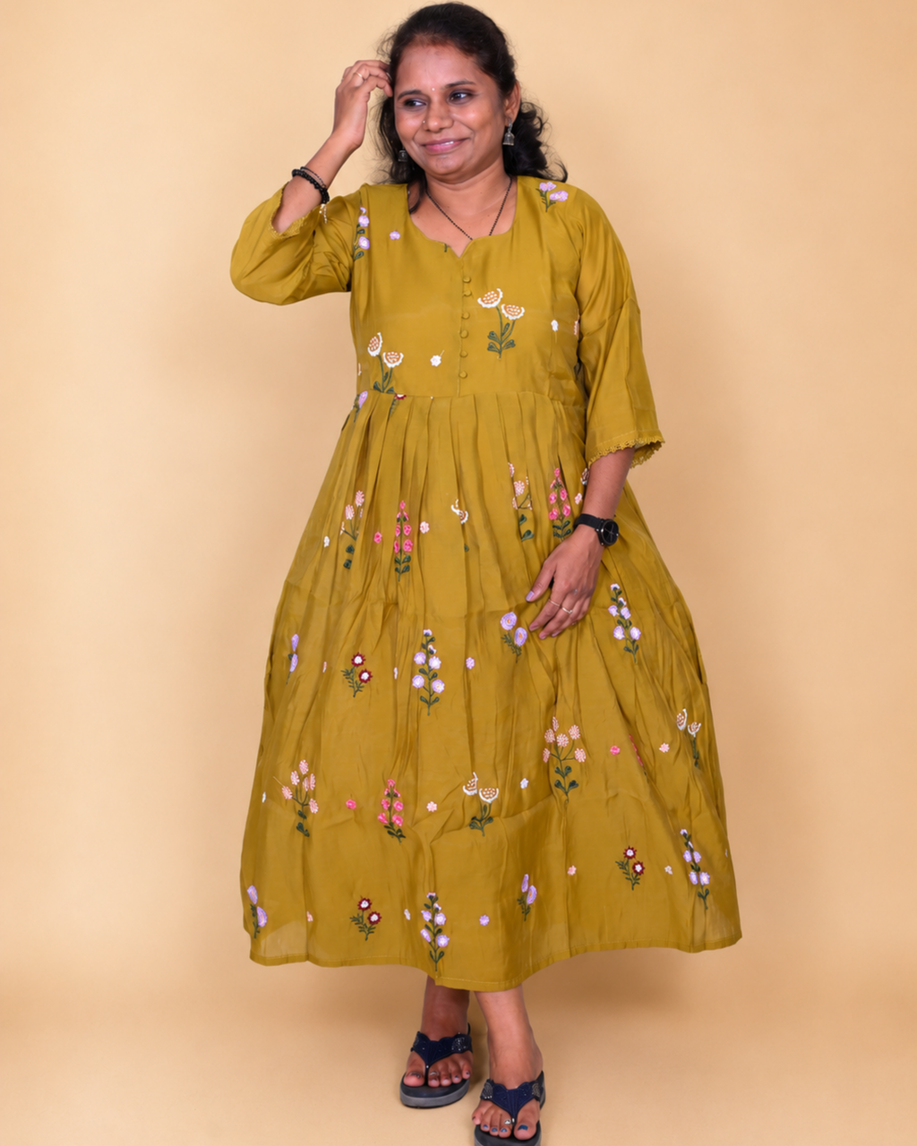 Women's Olive Green Georgette Floral Dress