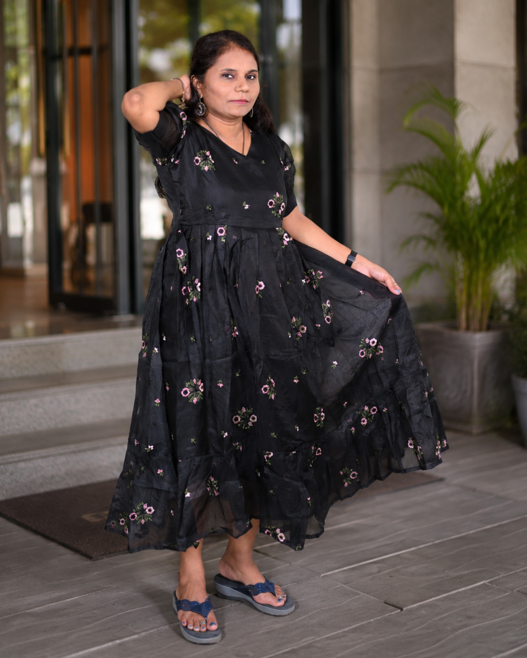 Elegant Black Floral Kota Doria Midi Dress