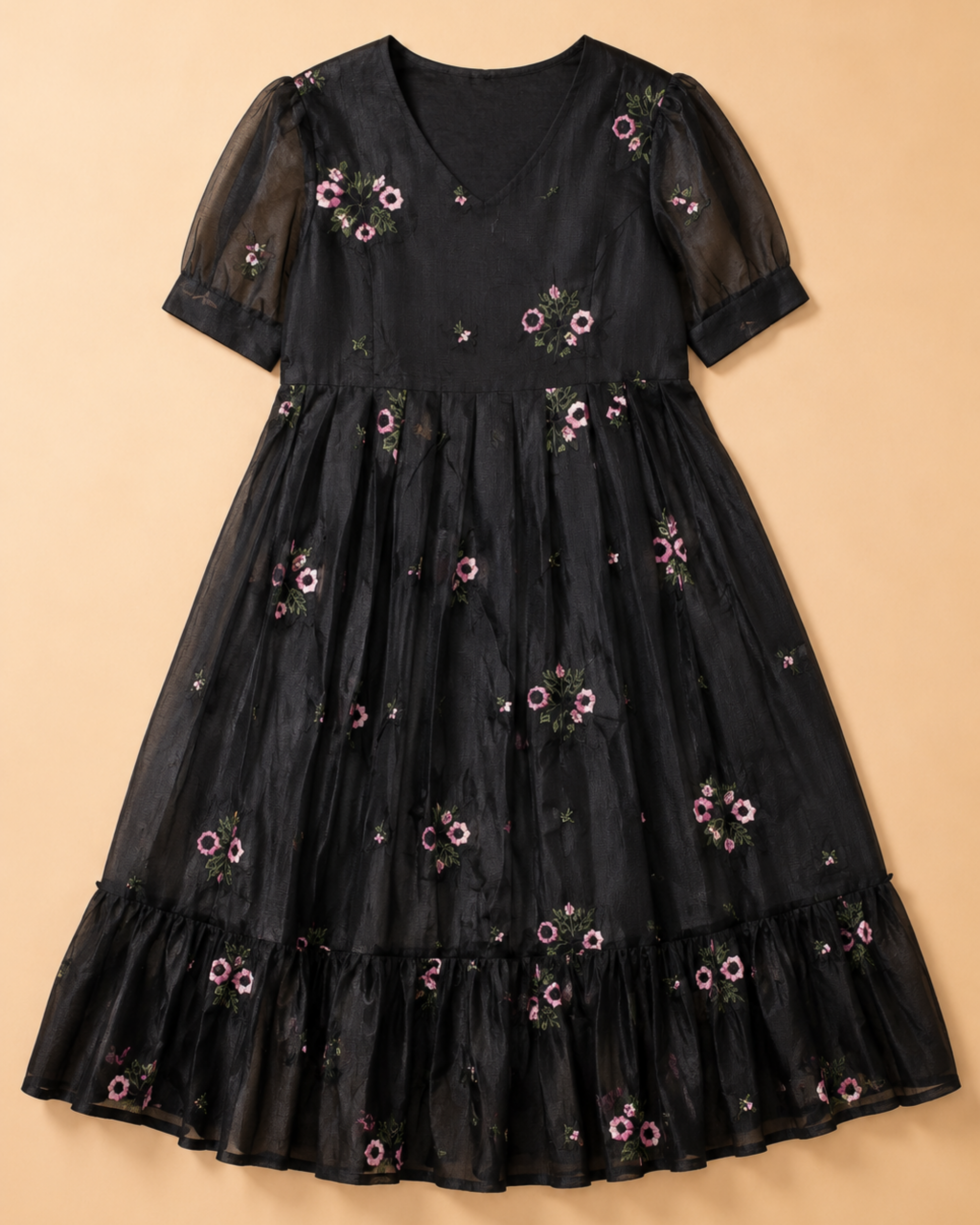 Elegant Black Floral Kota Doria Midi Dress