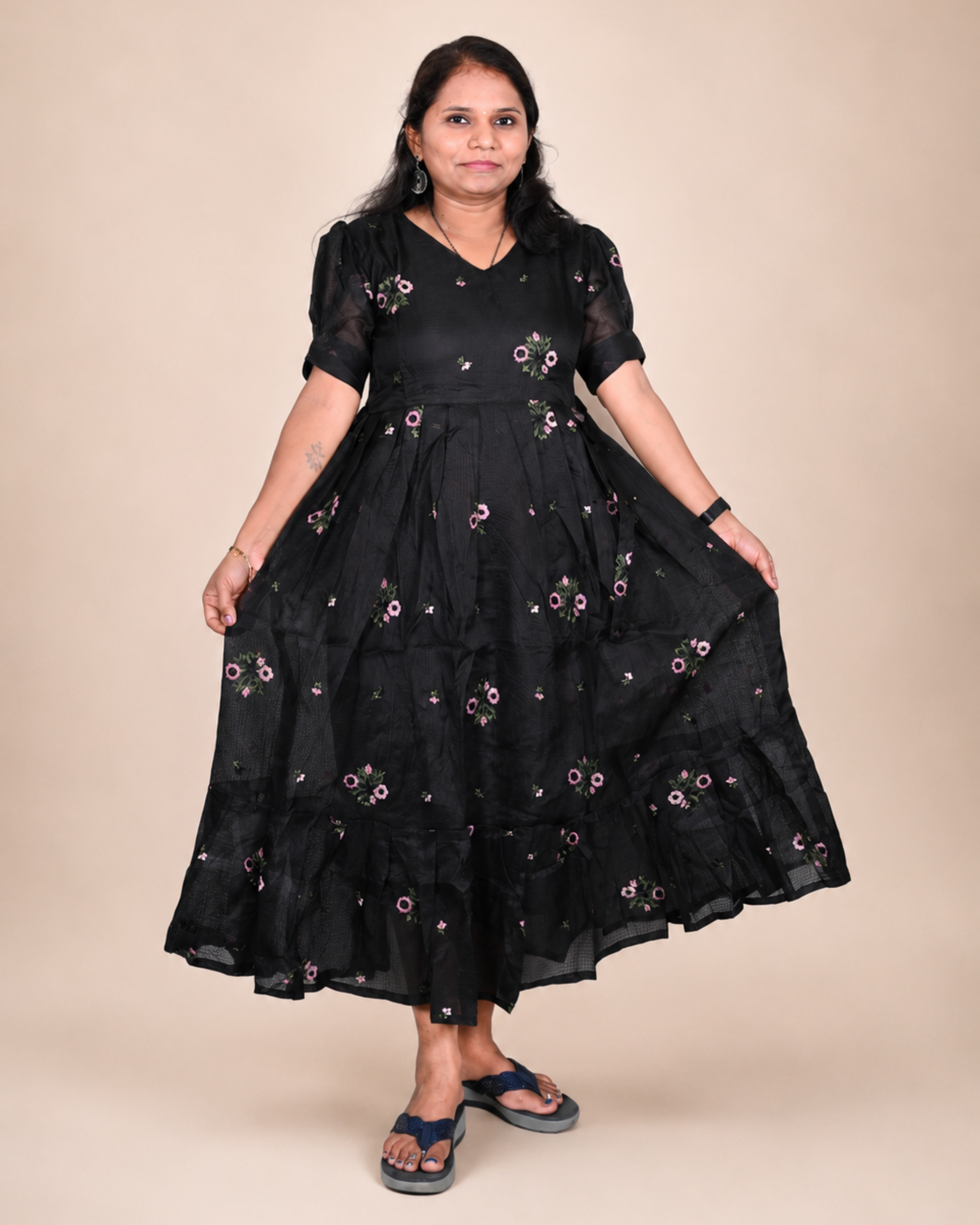 Elegant Black Floral Kota Doria Midi Dress