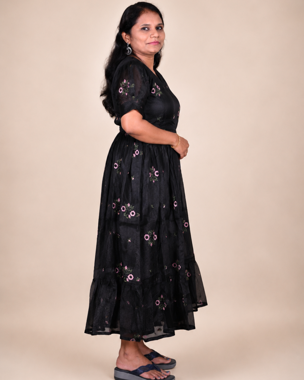Elegant Black Floral Kota Doria Midi Dress