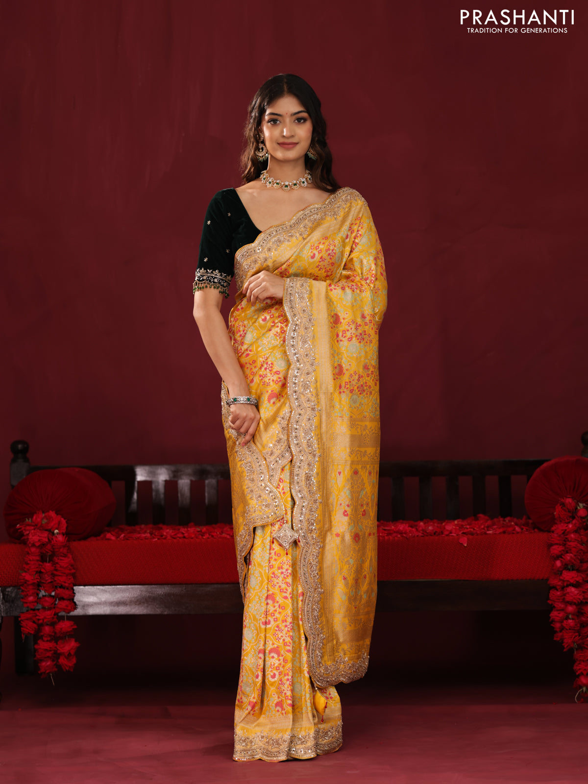 Yellow Banarasi Uppada Silk Saree with Allover Mina Weaves & Border Embroidery