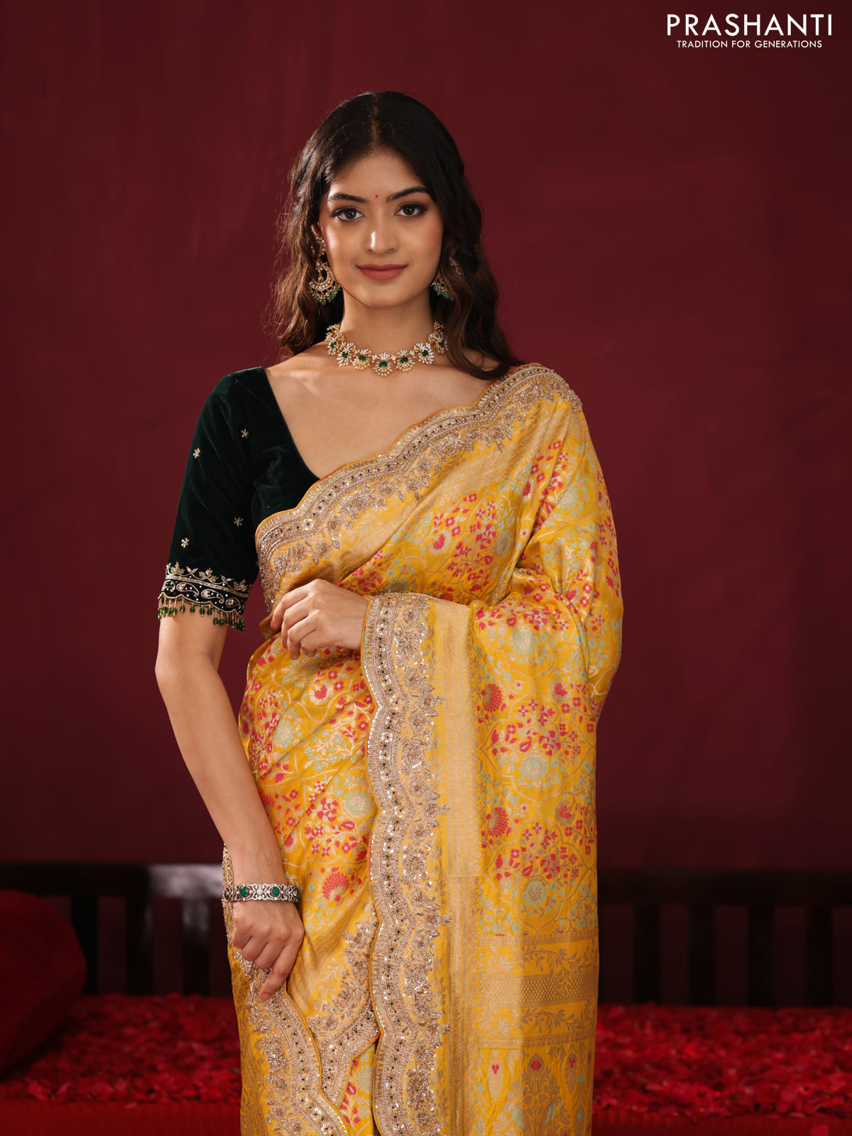 Yellow Banarasi Uppada Silk Saree with Allover Mina Weaves & Border Embroidery