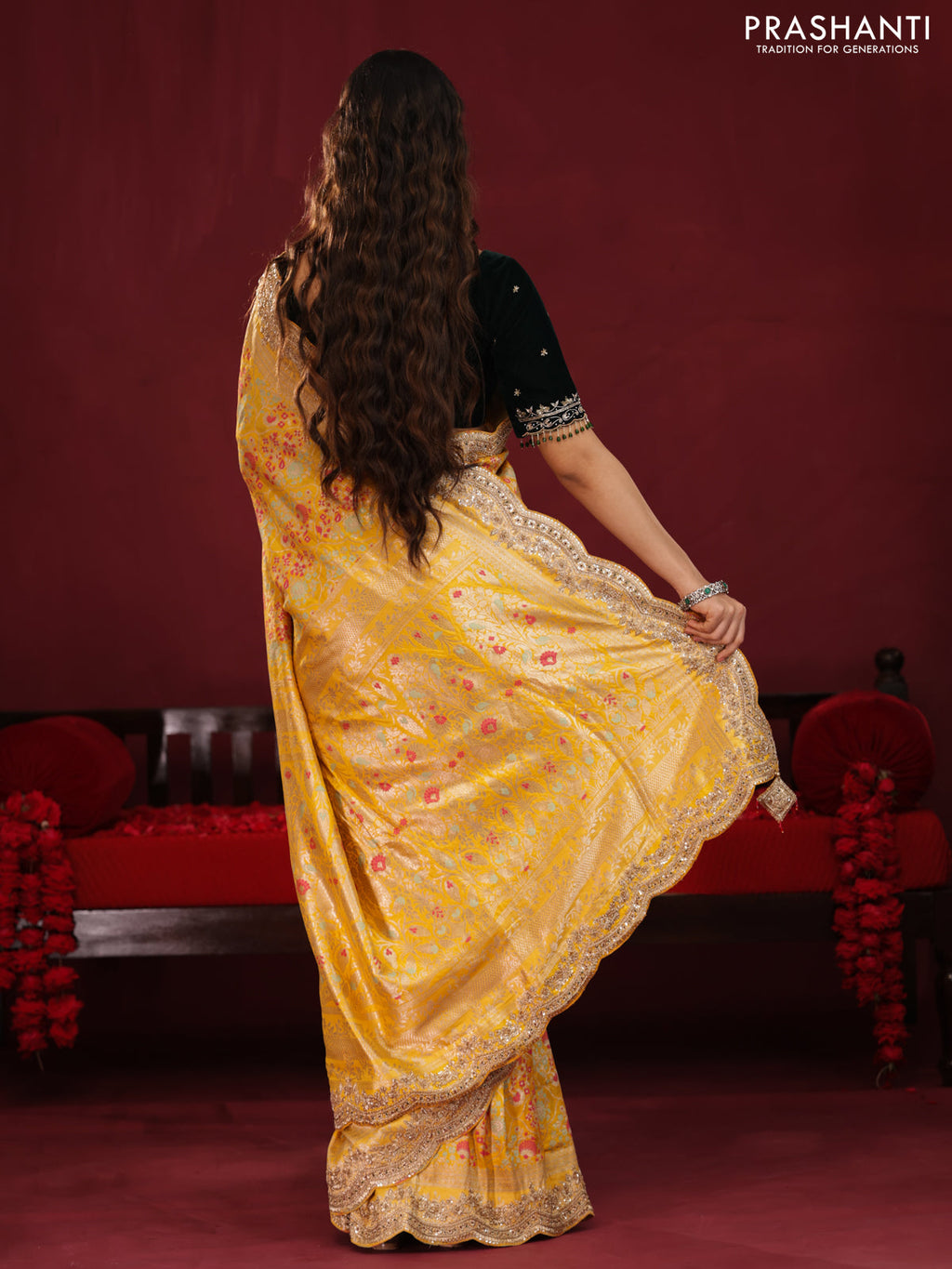 Yellow Banarasi Uppada Silk Saree with Allover Mina Weaves & Border Embroidery