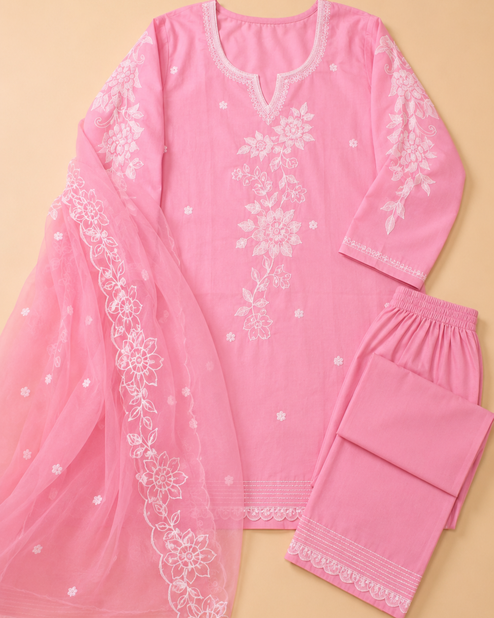 Blush Blossom Embroidered Rayon Dress Set with Chiffon Dupatta