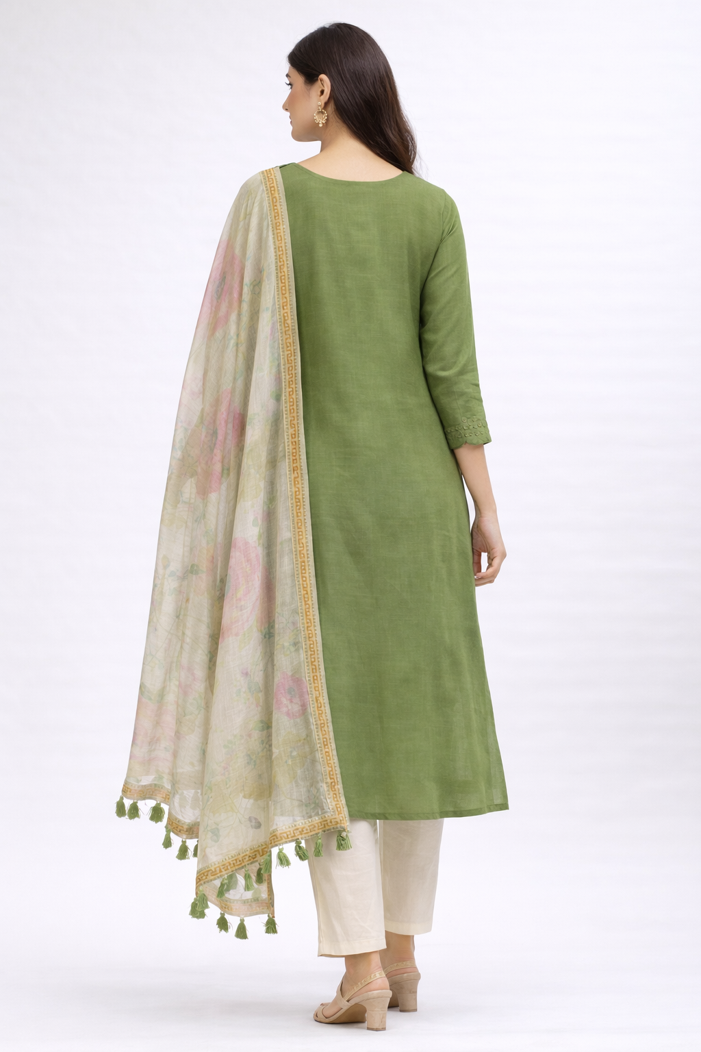 Olive Green Floral Embroidered Kurti Set