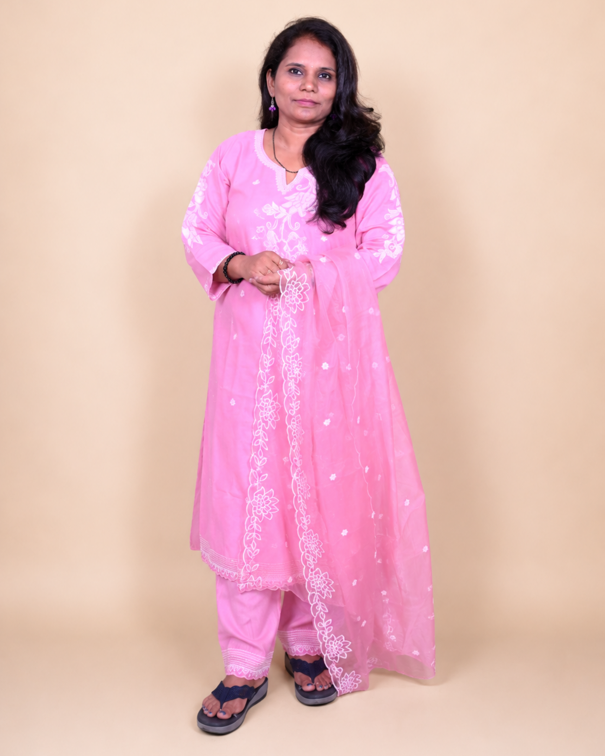 Blush Blossom Embroidered Rayon Dress Set with Chiffon Dupatta