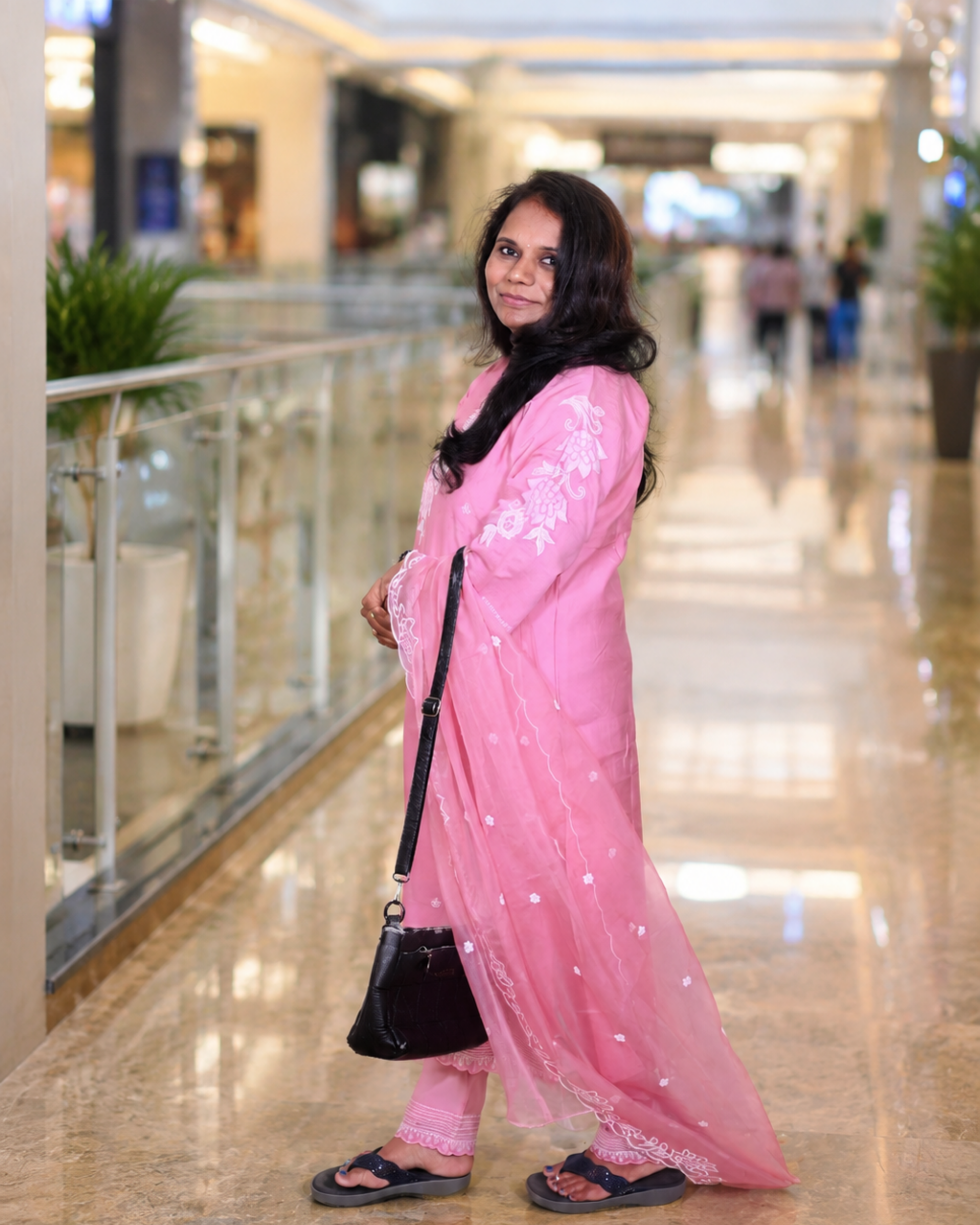 Blush Blossom Embroidered Rayon Dress Set with Chiffon Dupatta