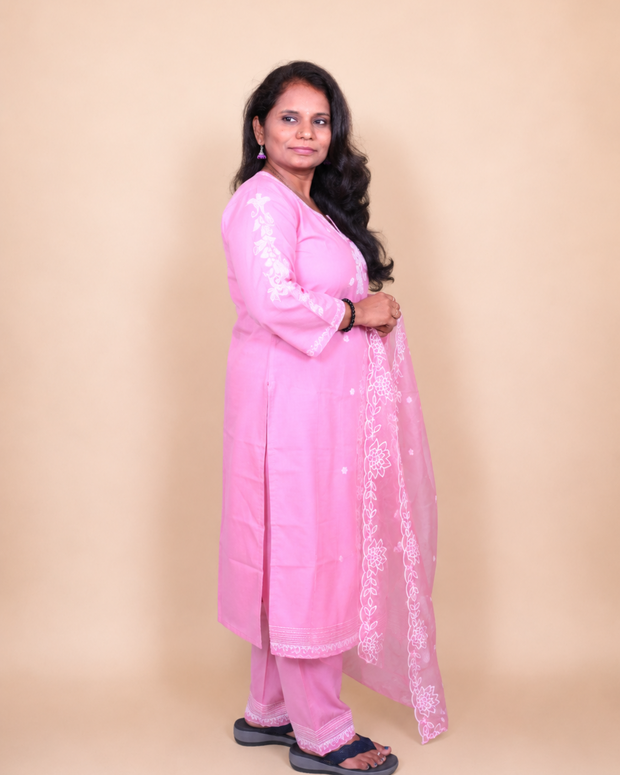 Blush Blossom Embroidered Rayon Dress Set with Chiffon Dupatta