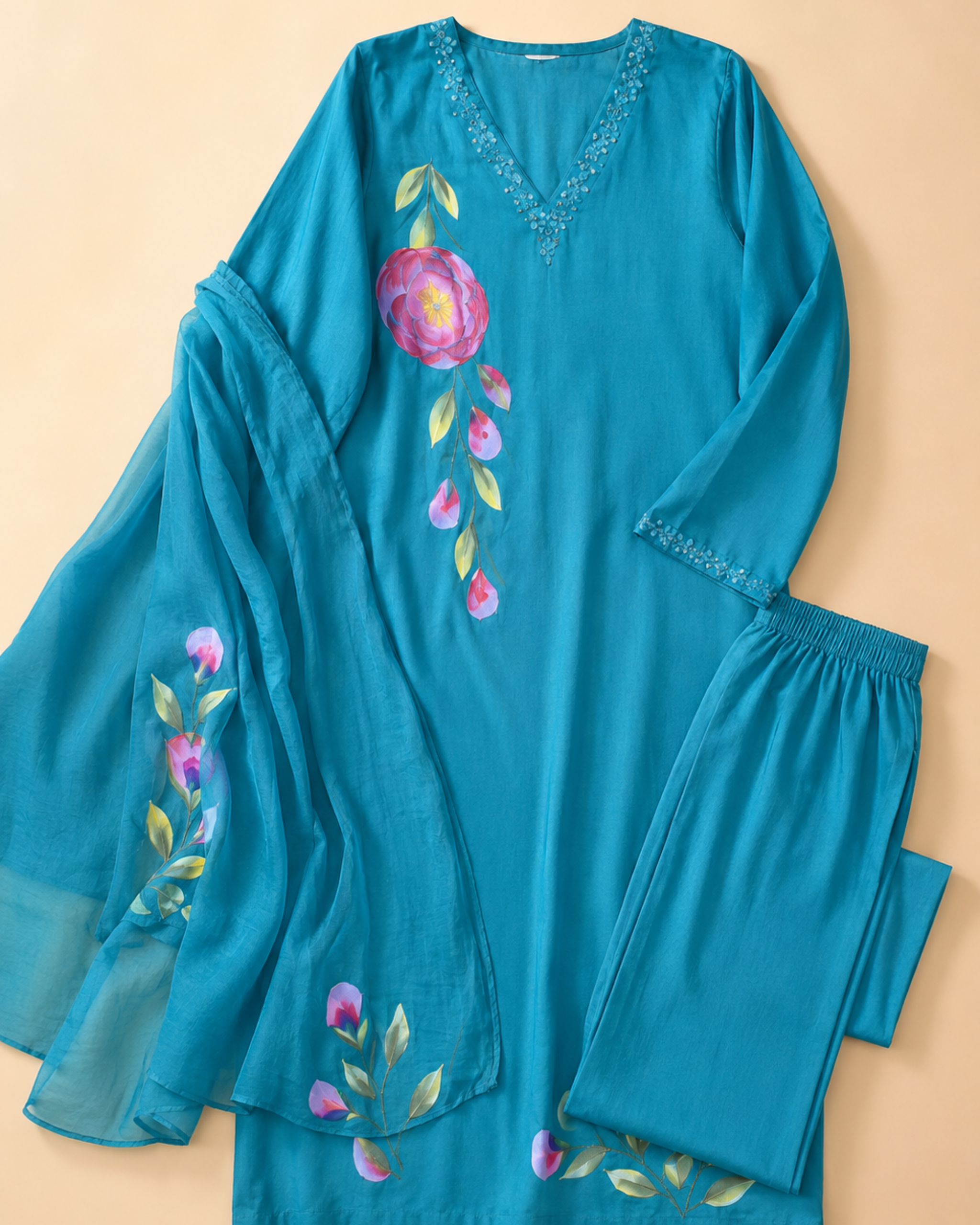Azure Bloom Georgette Kurta Set with Floral Print & Dupatta