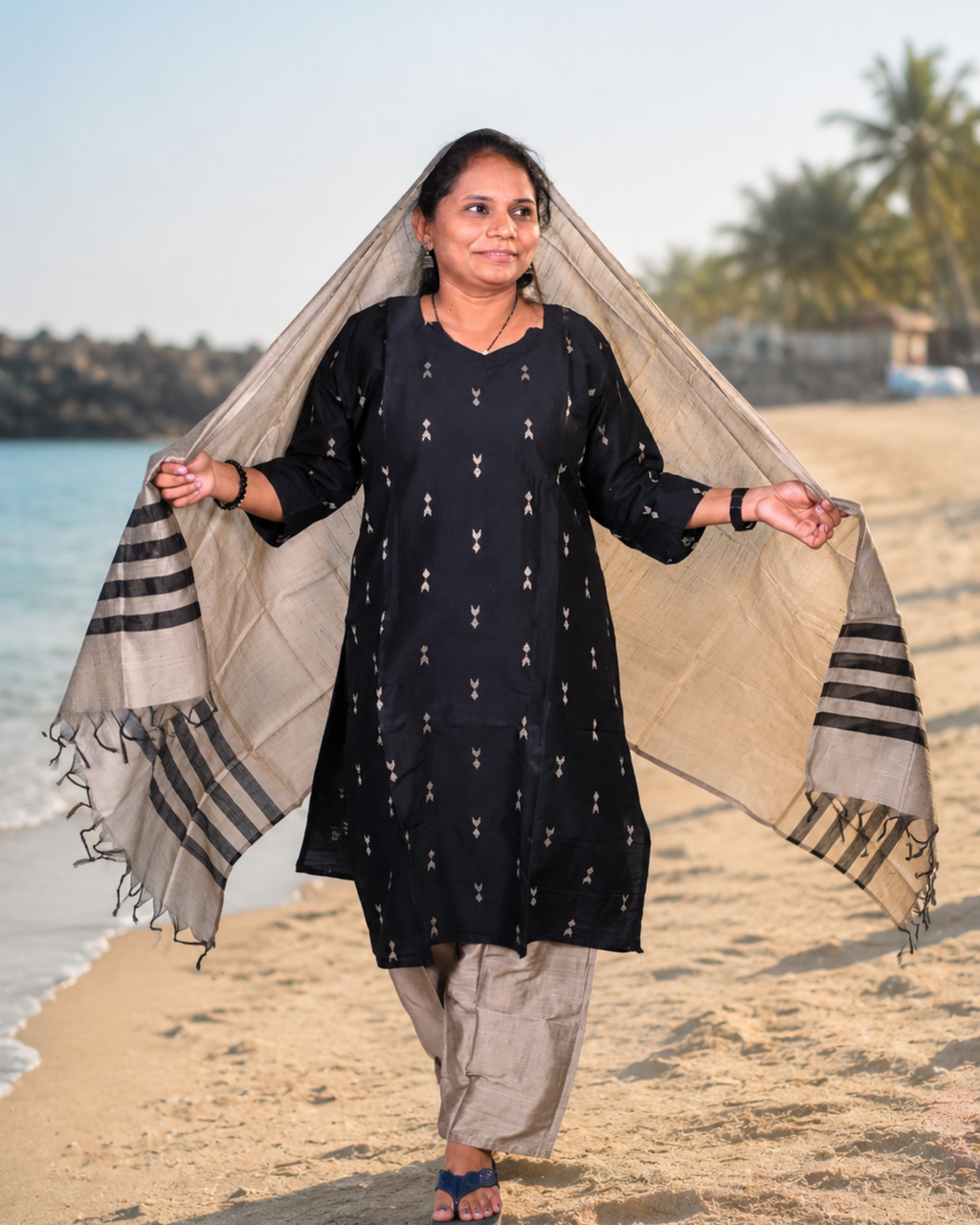 Midnight Black Soft Cotton Printed Dress Set