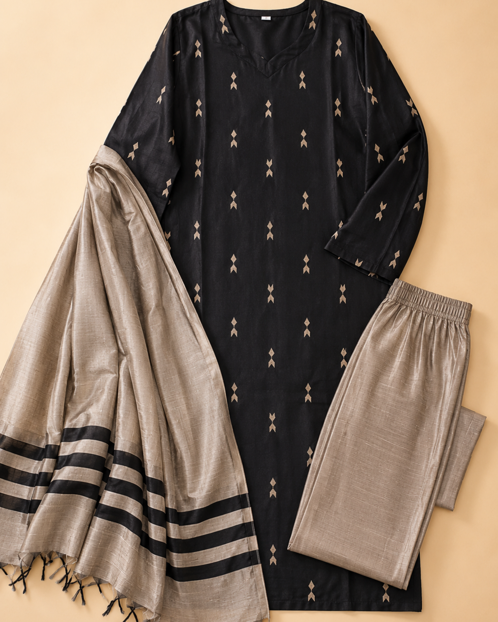Midnight Black Soft Cotton Printed Dress Set